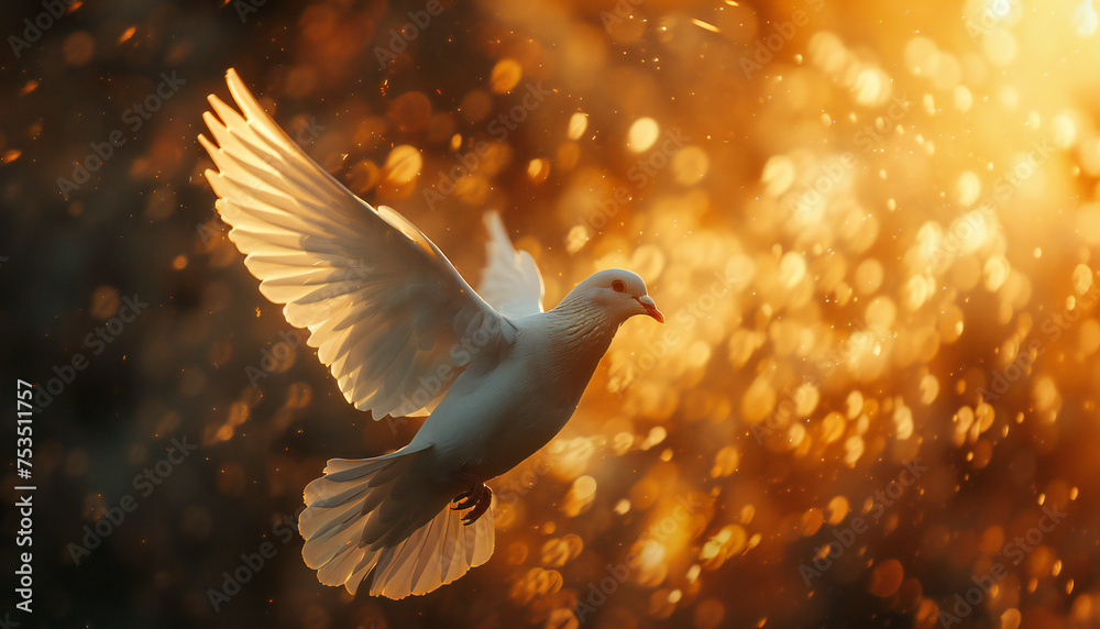 Fototapeta premium Recreation of a white dove, as Holy Spirit, flying with the wings extended between flares of sunset