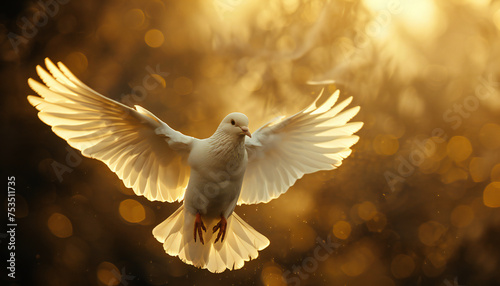 Recreation of a white dove, Holy Spirit, flying with the wings extended between lights flare