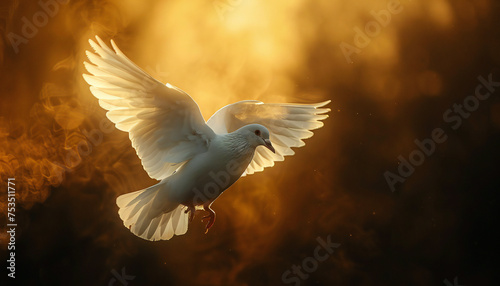 Recreation of a white dove, Holy Spirit, flying with the wings extended between lights