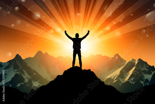 Businessman standing on top of mountain. Success and leadership concept. 3D Rendering Ai Generative