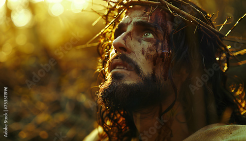 Recreation of Jesus Christ with crown thorns looking to the heaven photo