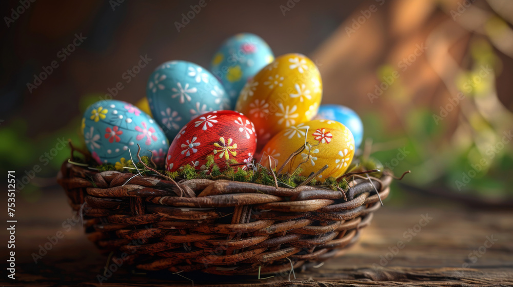 easter basket with easter eggs on wooden background.