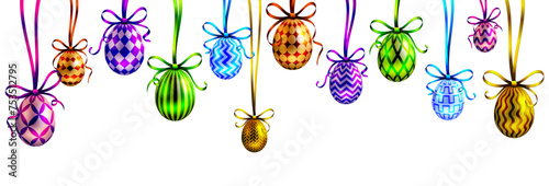 Easter egg banner, decorated 3D eggs hanging background