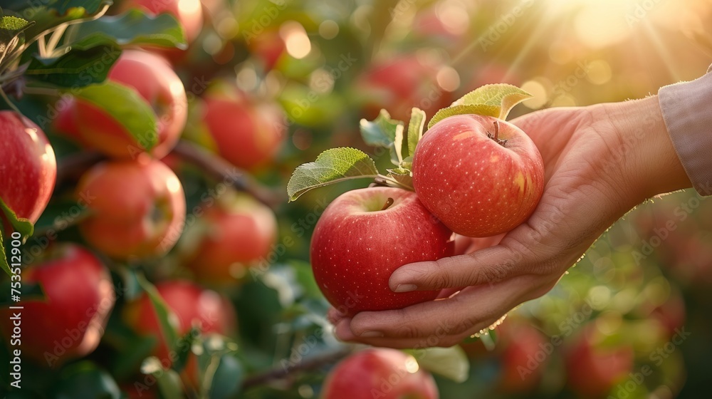 Obraz premium Picking ripe apples in the garden. Collecting happiness