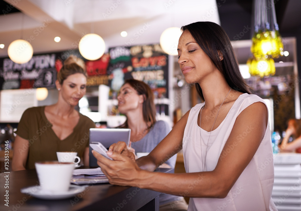 Woman, reading and phone on social media in cafe and customer relax with latte in restaurant. Happy, person and scroll smartphone online with news, article or review coffee shop on blog website Woman, reading and phone on social media in cafe and customer relax with latte in restaurant. Happy, person and scroll smartphone online with news, article or review coffee shop on blog website