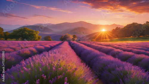 In the center of the card is a large  blooming lavender flower with purple petals reaching the top edge of the card. The flower glows gently and creates a peaceful atmosphere around it. The sunrise ca