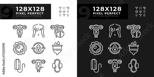 Female reproductive health linear icons set for dark, light mode. Gynecological diseases, cancer. Menstrual hygiene. Thin line symbols for night, day theme. Isolated illustrations. Editable stroke