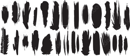 "Variegated Grunge Brush Strokes Collection on White Background. An assorted assortment of black grunge brush strokes perfect for textured designs and artistic graphics, isolated on white. Vector brus