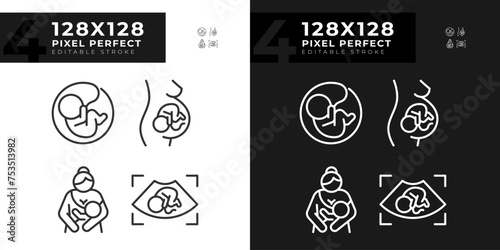 Child growth linear icons set for dark, light mode. Pregnancy ultrasonography. Baby breastfeeding, maternity childcare. Thin line symbols for night, day theme. Isolated illustrations. Editable stroke