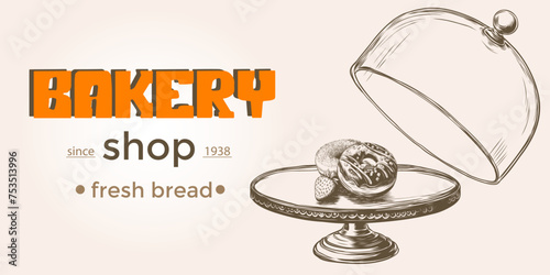 Hand drawn vector illustration with donut under glass lid. Background in sketch style for confectionery and bakery shops, pastry. Vintage Engraving of glazed doughnut on cake stand