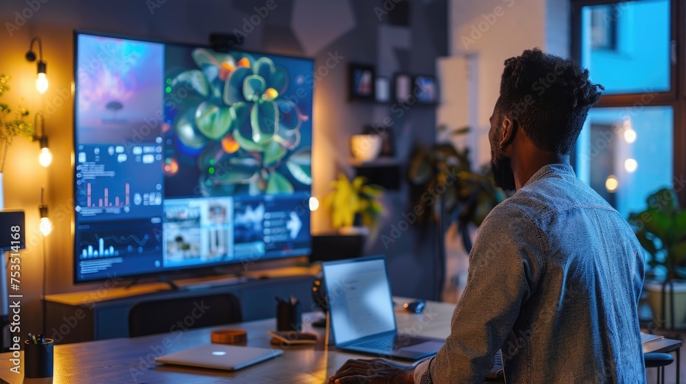 Man in blue shirt attentively viewing a large screen with multiple video call windows in a well-lit home office. Man in blue shirt attentively viewing a large screen with multiple video call windows in a well-lit home office.