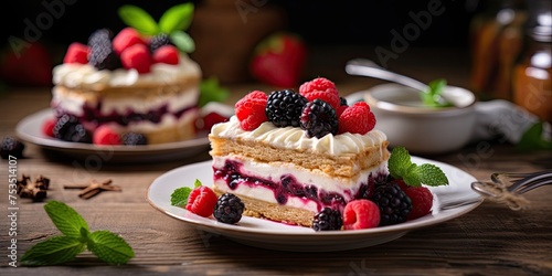 Berry dessert with sliced cake, on wooden table, selective focus.