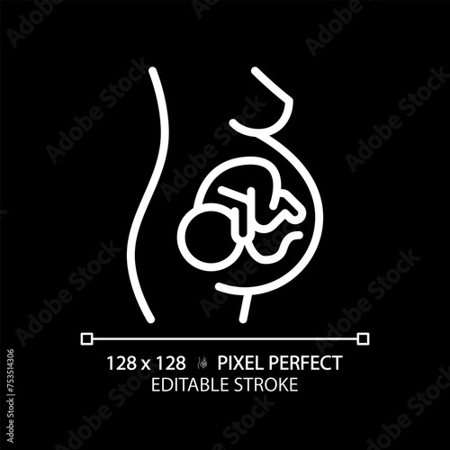 Pregnancy white linear icon for dark theme. Pregnant woman. Maternity womb, gestational carrier. Embryo baby, childcare. Thin line illustration. Isolated symbol for night mode. Editable stroke