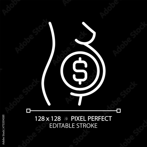 Surrogate pregnant woman white linear icon for dark theme. Gestational carrier, childbearing. Paid pregnancy, womb for rent. Thin line illustration. Isolated symbol for night mode. Editable stroke