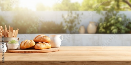 Empty area for showcasing your product on a table with coffee cup, bread basket, and decorations against a blurred background of an outdoor kitchen. , . photo