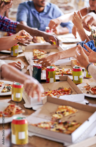 Group, friends and party with pizza, beverage and diversity for joy or fun with youth. People, soda and fast food with drink, social gathering and snack for lunch or eating at italian pizzeria