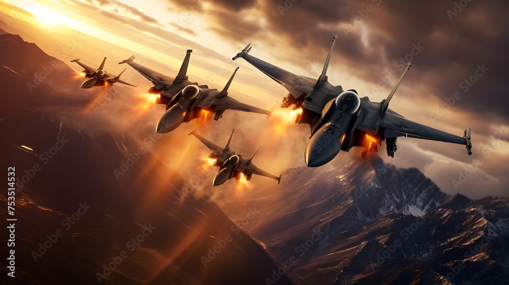 A formation of fighter jets fly through a cloudy sky with mountains in the background. - obrazy, fototapety, plakaty 