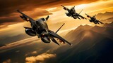 
Flying Fighter Jets: Formation Maneuvers in Desert Landscapes, Military Aircraft Formation: Jets Soar Against Mountain Backdrops, Air Force Squadron: Precision Formation Flying Over Desert Terrain, 