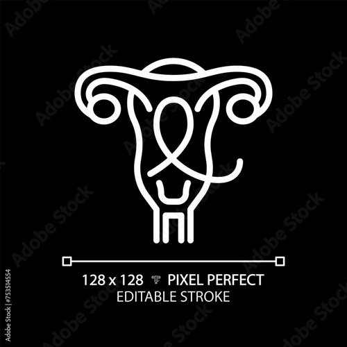 Gynecologic cancer white linear icon for dark theme. Female reproductive system disease. Woman oncology. Menstrual health. Thin line illustration. Isolated symbol for night mode. Editable stroke