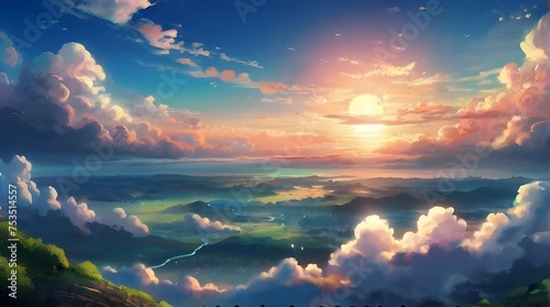 Bright sunset paints the mountain sky with streaks of orange and purple, Anime fantasy sky and shooting star , wallpaper background, generative ai photo