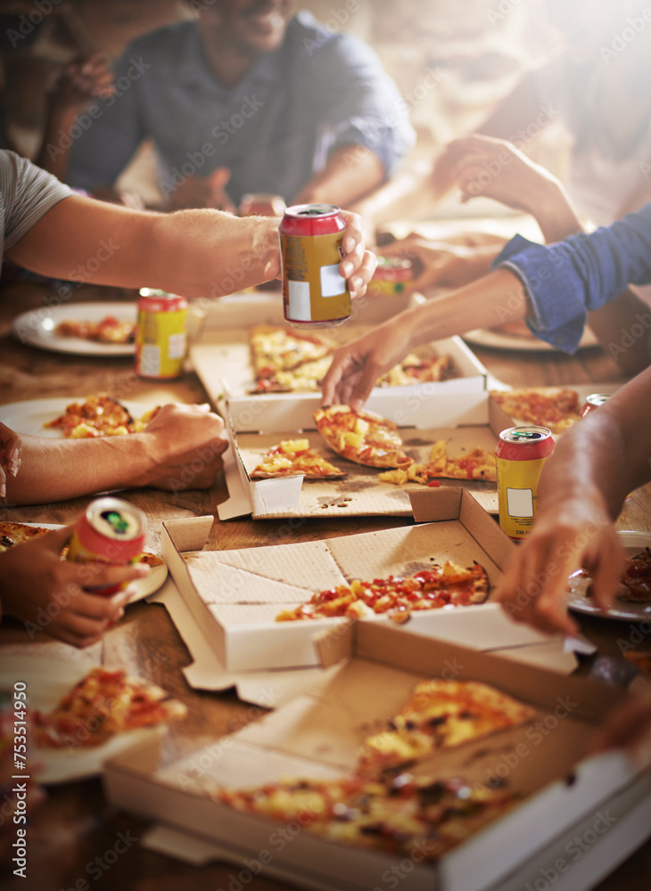 Group, friends and hands with pizza, celebration and diversity for joy or fun with youth. People, soda and fast food with drink, social gathering and snack for lunch or eating at italian pizzeria
