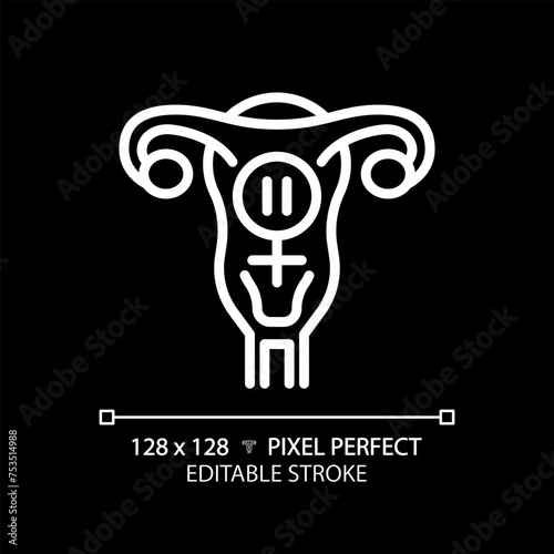 Female menopause white linear icon for dark theme. Health issue, medical condition. Feminine gynecology, ageing process. Thin line illustration. Isolated symbol for night mode. Editable stroke