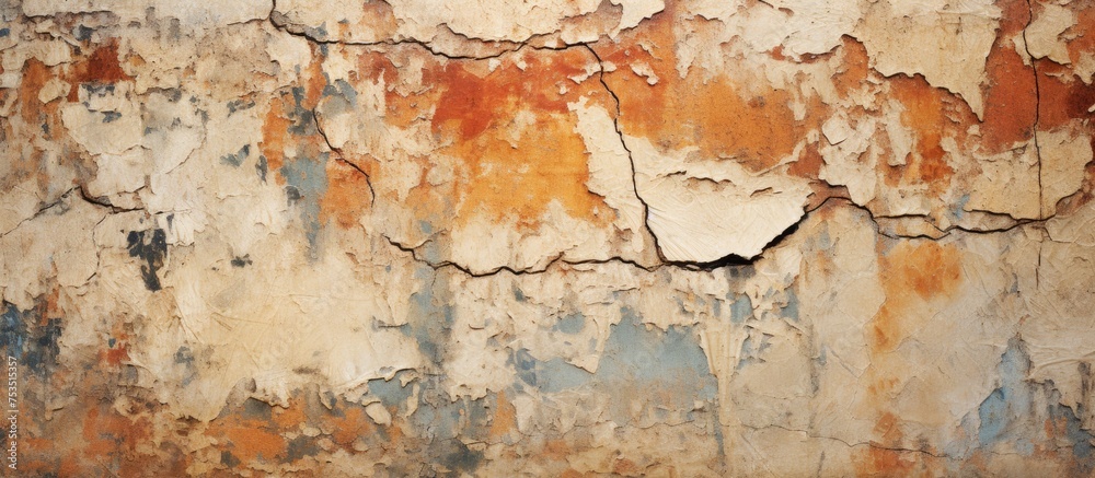 In this close-up shot, the deteriorating condition of a wall with peeling paint is prominently featured. The paint is visibly cracked and flaking off, revealing the worn surface underneath.