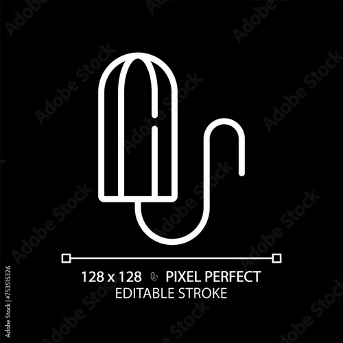 Tampon white linear icon for dark theme. Vaginal secretion prevention. Menstrual cycle care. Feminine hygiene, gynecology. Thin line illustration. Isolated symbol for night mode. Editable stroke