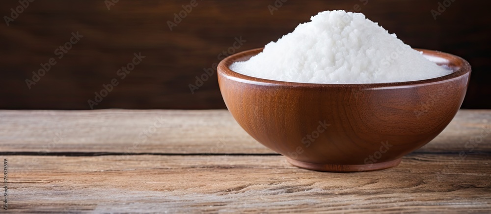 Rustic Wooden Bowl Filled with Granulated White Sugar - Natural Ingredient Concept Rustic Wooden Bowl Filled with Granulated White Sugar - Natural Ingredient Concept