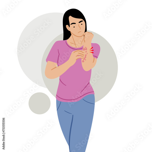 Girl standing scratching hand because skin irritation, inflammation, allergic