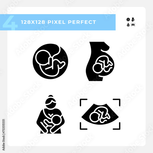 Child growth black glyph icons set on white space. Pregnancy ultrasonography. Baby breastfeeding, maternity childcare. Silhouette symbols. Solid pictogram pack. Vector isolated illustration