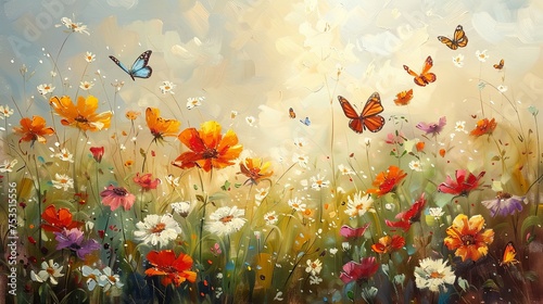Impressionist Painting of Butterflies and Wildflowers © เอิร์ท เด็กอ้วนฟาร์ม