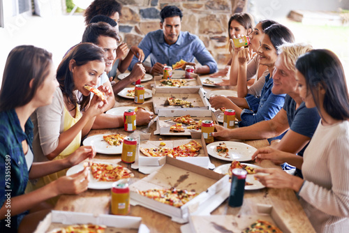 Group  friends and party with pizza  restaurant and diversity for joy or fun with youth. Men  Women and fast food with drink  social gathering and snack for lunch or eating at italian pizzeria