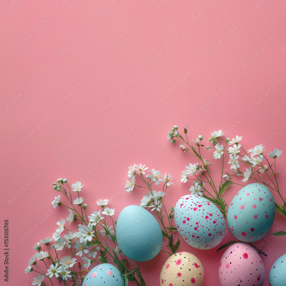Easter eggs and flowers on pink background, copy space Easter eggs and flowers on pink background, copy space