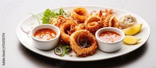 Delicious Seafood Delight: Savory Shrimp Platter with Array of Dipping Sauces for Tasty Dining Experience