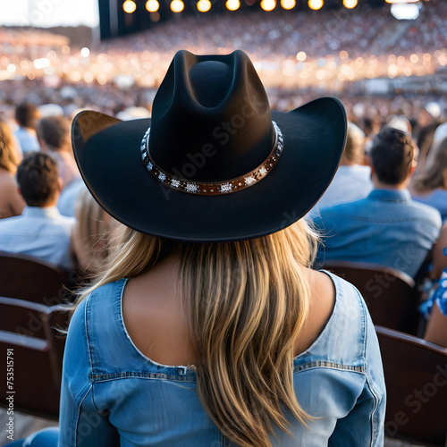 Back view of a young american woman fan of country music attending a country music concert wearing a cowboy hat