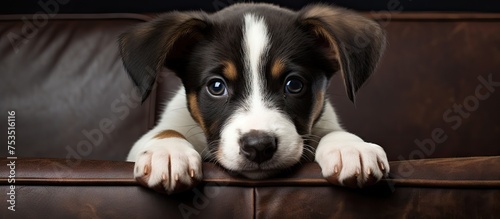 Curious puppy peeks joyfull...