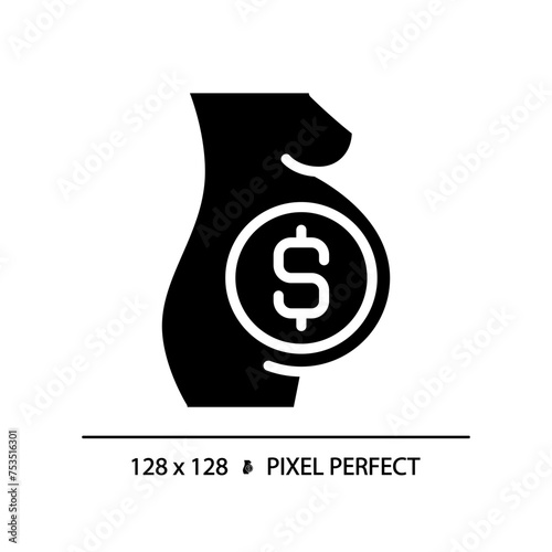 Surrogate pregnant woman black glyph icon. Gestational carrier, childbearing. Paid pregnancy, womb for rent. Silhouette symbol on white space. Solid pictogram. Vector isolated illustration