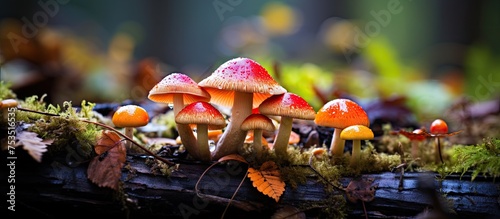 Enchanted Forest Scene with a Cluster of Colorful Mushrooms Growing on a Fallen Tree Trunk
