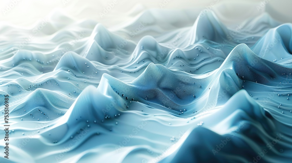 Obraz premium An abstract landscape of fluid blue waves with a digital texture, symbolizing a harmony between technology and nature.