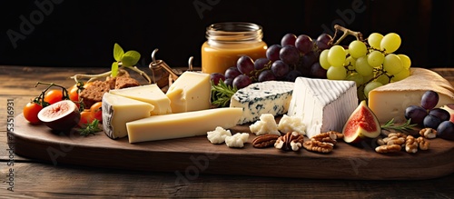 Delicious Cheese Platter with Assorted Fruits, Nuts, and Gourmet Cheeses for Party or Entertaining Event photo