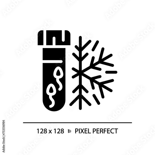 Sperm cryopreservation black glyph icon. Semen collection. Genetic material preservation. Seed donoring, microbiology. Silhouette symbol on white space. Solid pictogram. Vector isolated illustration