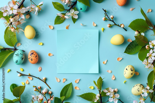 Small piece of paper with empty space surrounded by Easter eggs and spring flower blossoms. Blue background.