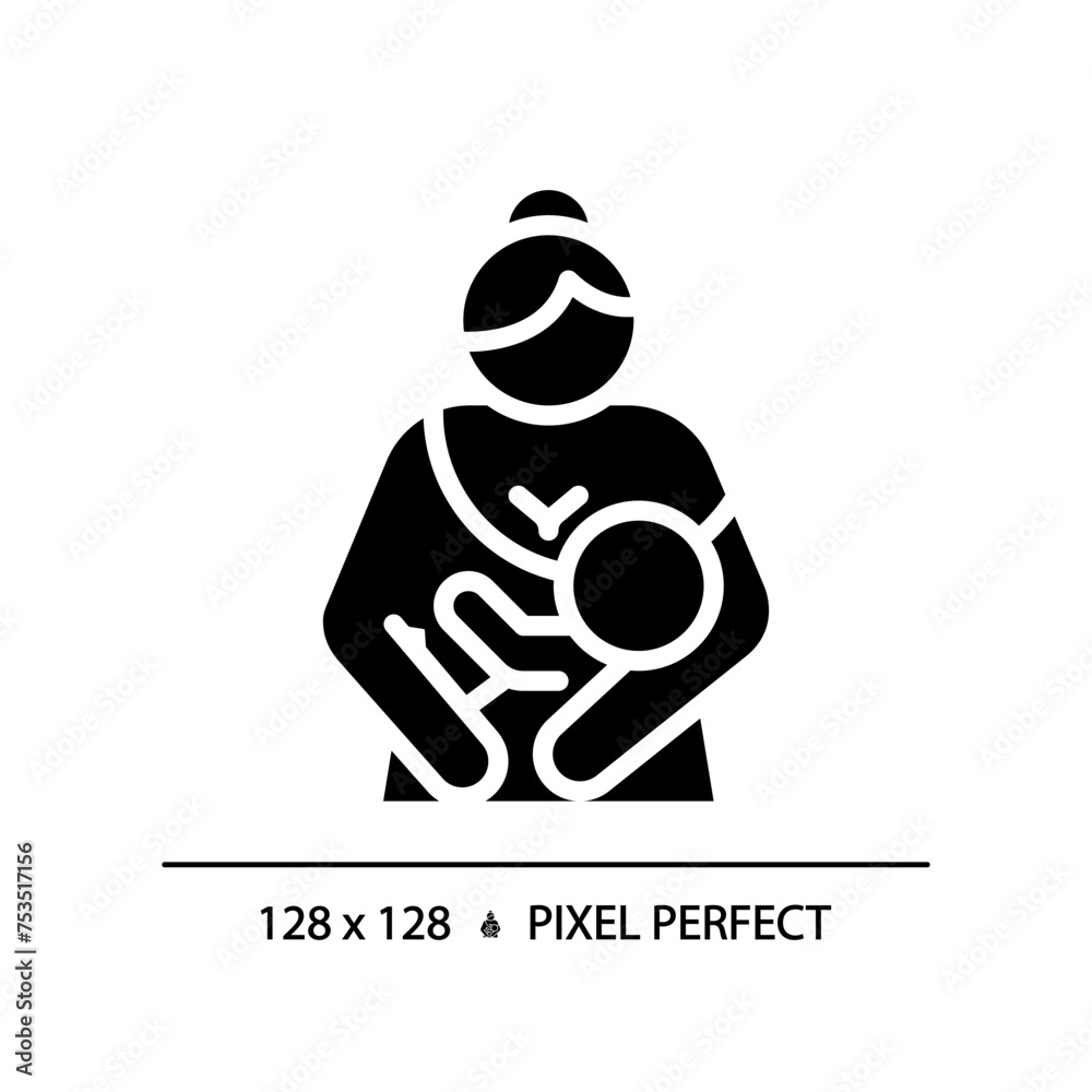 Baby lactation black glyph icon. Breastfeeding, childcare. Breast suckling, newborn holding. Human reproduction biology. Silhouette symbol on white space. Solid pictogram. Vector isolated illustration