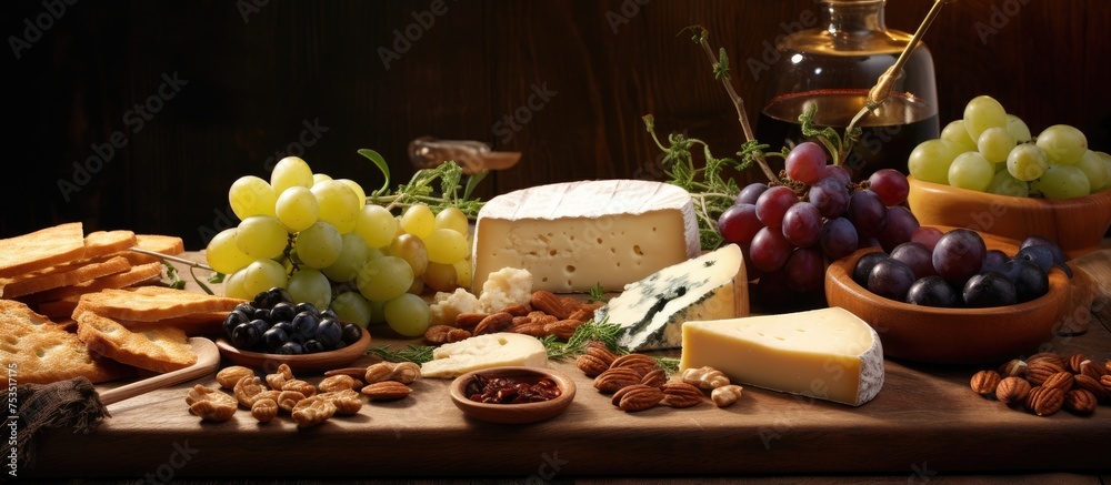 Artisan Wooden Boards Displaying an Exquisite Variety of Cheese, Grapes, and Nuts Artisan Wooden Boards Displaying an Exquisite Variety of Cheese, Grapes, and Nuts