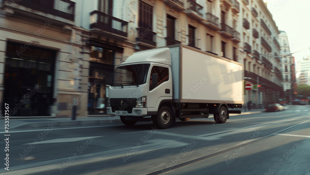 A white delivery truck speeds through a city street at dusk.
