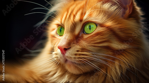 Close-up portrait of a beautiful red cat, big bright green eyes, long whiskers, side view. Advertising banner of products for pets