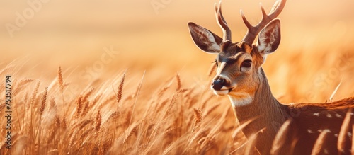 Majestic Deer Amidst Lush Grassland in Calm Natural Setting