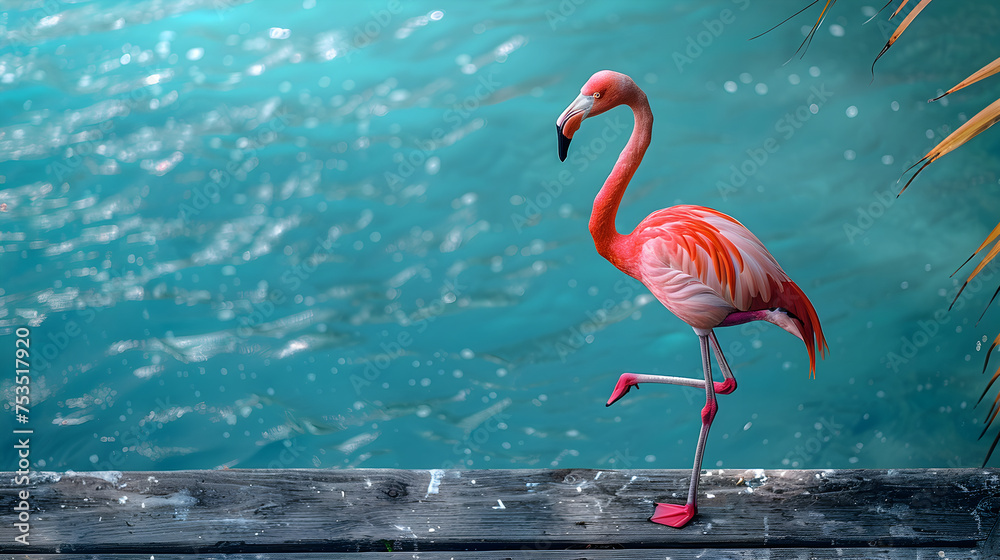 Pink Flamingo Standing in a Beautiful Lake Water - obrazy, fototapety, plakaty 