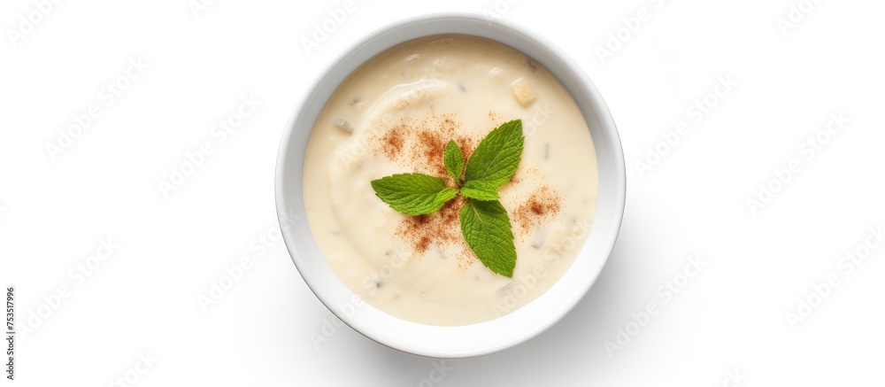 Delicate Creamy Dessert Featuring a Sprig of Fresh Mint for a Refreshing Culinary Experience Delicate Creamy Dessert Featuring a Sprig of Fresh Mint for a Refreshing Culinary Experience